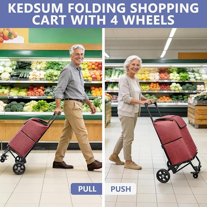 KEDSUM 3 in 1 Shopping Cart with Wheels, 60L/250LBS Multi Use Grocery Cart with 7" Big Wheels & Removable Waterproof Bag, Personal Shopping Carts for Groceries, Telescoping Handle & Thickened Steel