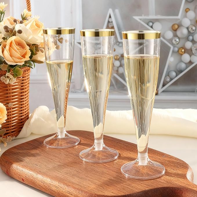Bestluck 100 Pack Champagne Flutes Plastic with Gold Rim, 4.5 oz Clear Plastic Disposable Stemware, Disposable Champagne Flutes for Party, Mimosa Bar, Wedding, Anniversary and Graduation