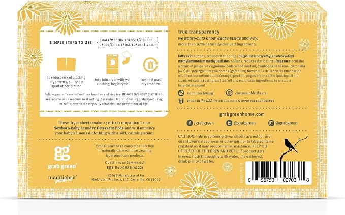 Grab Green Baby Laundry Bundle - Baby Laundry Detergent Pods (60 Count) and Baby Dryer Sheets (40 Count), Chamomile Scent, 2-Piece Set