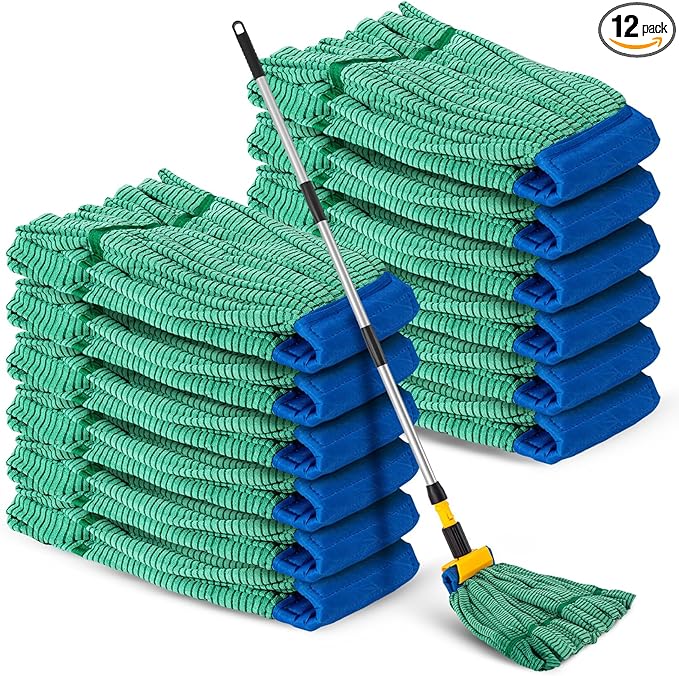 Hushee 12 Pack Large Microfiber Tube Mop Heads 18 oz Heavy Duty Commercial Industrial Wet Mop Head Refill Reusable Machine Washable Looped End Mopheads for Hardwood, Tile, Laminate Floors, Green