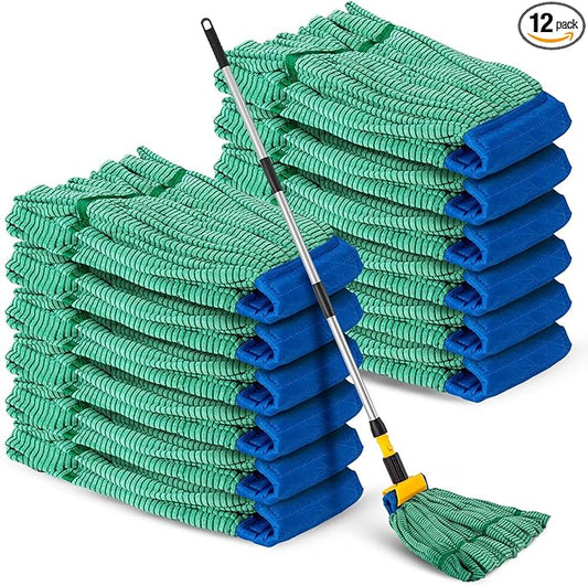 Hushee 12 Pack Large Microfiber Tube Mop Heads 18 oz Heavy Duty Commercial Industrial Wet Mop Head Refill Reusable Machine Washable Looped End Mopheads for Hardwood, Tile, Laminate Floors, Green
