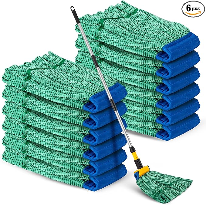 Hushee 6 Pack Large Microfiber Tube Mop Heads 18 oz Heavy Duty Commercial Industrial Wet Mop Head Refill Reusable Machine Washable Looped End Mopheads for Hardwood, Tile, Laminate Floors, Green