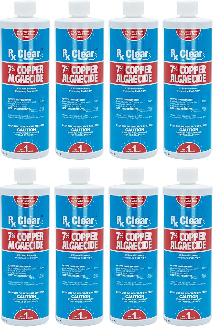 Rx Clear 7% Copper Algaecide | Kills and Prevents Algae for In-Ground and Above Ground Swimming Pools | Safe Formula for Swimmers | One Quart Bottles | 8 Pack