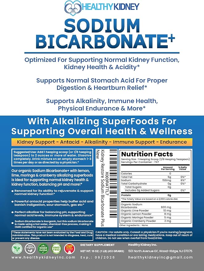 Organic Use Sodium Bicarbonate Alkaline Supplement for Alkalinity. Support Kidney & Stomach Acid Neutralizer w/Alkaline Superfoods. Sodium Bicarbonate Powder Kidney Immune Support Antacid Sport 1.5LB