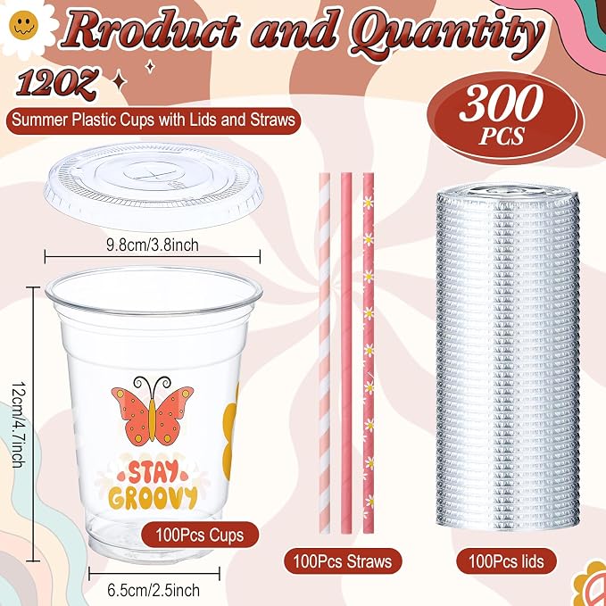 Blushtier 300 Pcs Groovy Disposable Plastic Cups with Lids and Straws 12oz Groovy Party Favors Supplies Boho Retro Hippie Clear Drinking Cups for Party