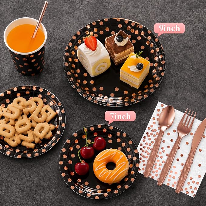 200PCS Black and Rose Gold Paper Plates Party Supplies Severs 25 Guests Disposable Paper Plates Set, 7’’&9’’ Paper Plates Cups Napkins Forks Set for Birthday, Mothers Day, Baby Shower Wedding