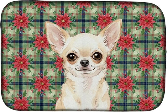 Caroline's Treasures Cream Chihuahua Christmas PoinsettIas Dish Drying Mat Absorbent Dish Drying Mat Pad for Kitchen Counter Dish Drainer Mat for Countertop, 14 x 21", Multicolor