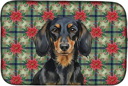 Caroline's Treasures Longhaired Black and Tan Dachshund Christmas PoinsettIas Dish Drying Mat Absorbent Dish Drying Mat Pad for Kitchen Counter Dish Drainer Mat for Countertop, 14 x 21", Multicolor