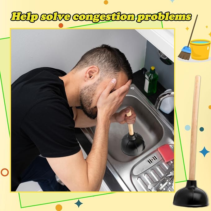 15 Pcs Toilet Plunger Bulk Double Thrust Rubber Force Suction Cup Long Wooden Handle Heavy Duty for Bathroom Commercial Stores Restaurants Toilet Bowl Pump Clogged