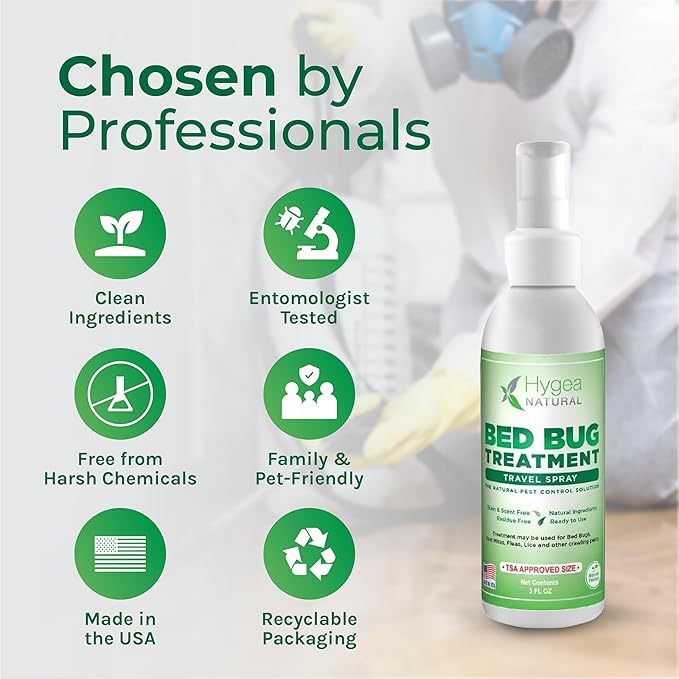 Hygea Natural Lice, Mite, and Bed Bug Killer Travel Spray - TSA Approved 3 oz Size Bottles - Child & Pet Friendly - Stain & Odor Free - for Hotels, Suitcase, Backpack, Shoes - Bed Bug Spray (3 Pack)