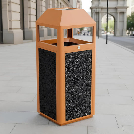 Commercial Metal Outdoor Trash Can with Lid, Lockable Outdoor Garbage Can with Nature Stone Panels, Heavy-Duty Rustproof Trash Bin with Removable Liner for Parks & Public Spaces