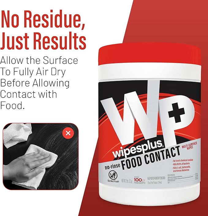 WIPESPLUS Cleaning Wipes All Purpose Food Contact - No Rinse, No Residue, Quick Dry Formula, Disinfecting Wipes For Restaurants, Foodservice, Schools - Canister, 100 Count