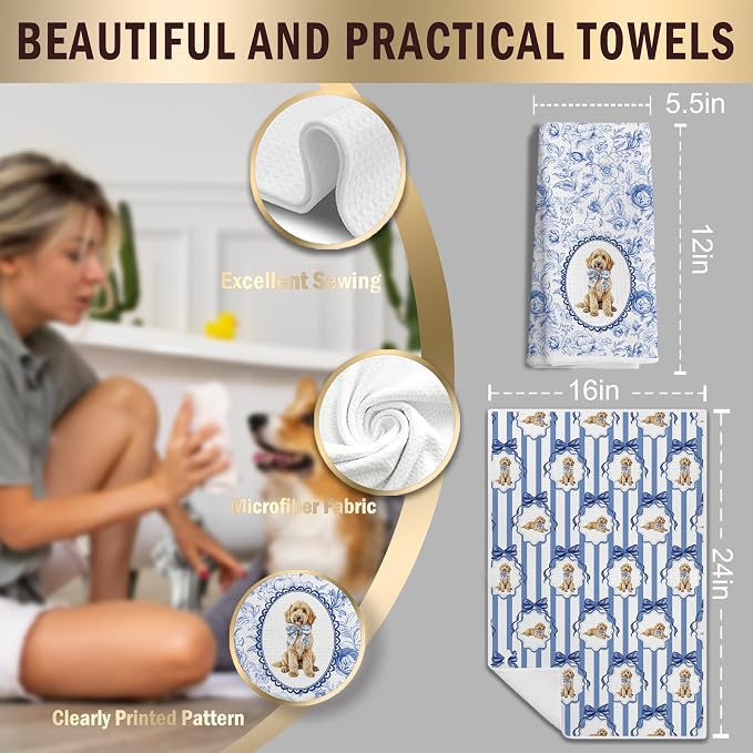 Chinoiserie Goldendoodle Dog Bow Kitchen Hand Towels for Bathroom, Golden Doodle Gifts for Women, Grandmillennial Botanical Dog Hand Towels for Kitchen Bathroom, 16x24 Inch Set of 2