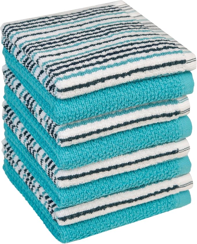 Bumble Premium Dish Cloths Towel 12"x12" | 100% Natural Ring Spun Cotton Tea Towel Set | 430 GSM | Highly Absorbent & Soft Dish Towels | 8 Pack - 4 Popcorn Striped & 4 Solid Kitchen Towels - Aqua