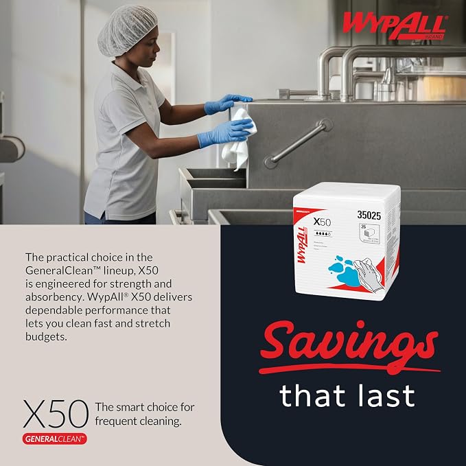 WypAll GeneralClean X50 Cloths Cleaning Wipes (35025), Quarterfold, Strong Towels for Extended Use, White (32 Packs of 26 Sheets, 832 Sheet Total)