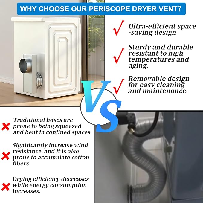 Upgraded 84049 Stainless Steel Periscope Dryer Vent, 0-5" Telescoping Adjustable Dryer Vent Connector Kit, Space-Saving Close-to-Wall Short Small Dryer Replacement Vents,Anti-Leakage Seal Ring & Clamp
