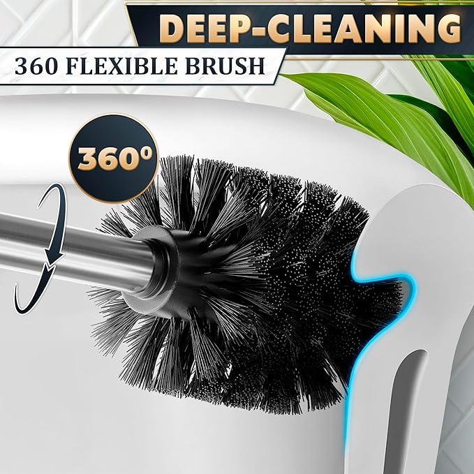 Stylish Stainless Steel Toilet Brush and Holder Set - Silver Toilet Bowl Brush and Holder with Splash Cover, Sturdy Bristles, Corrosion & Scratch Resistant - Elegant Design, Effective Deep Cleaning