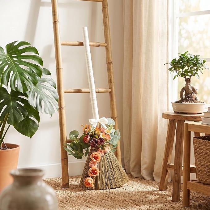 Wedding Broom for Jumping Ceremony DIY Bride Bridegroom Jump Broom Wedding Brooms with Ribbons Eucalyptus Leaves Roses for Wedding Ceremony Craft(Orange)