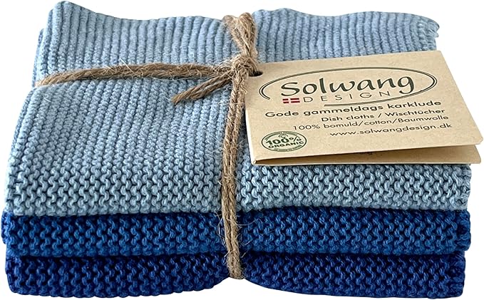Solwang 3-Piece Danish Cotton Dishcloths in 100% Certified Organic Cotton Made in India (Bright Blue Organic Combi)
