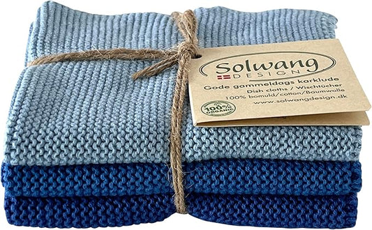Solwang 3-Piece Danish Cotton Dishcloths in 100% Certified Organic Cotton Made in India (Bright Blue Organic Combi)