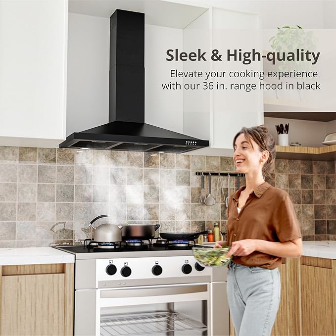 FIREGAS Black Range Hood 36 inch with Ducted Convertible Ductless, Kitchen Wall Mount Chimney-Style Over Stove Vent, 3 Speed Exhaust Fan, LED Lights