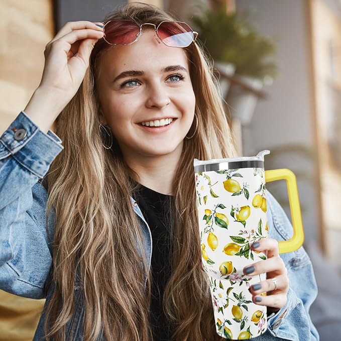 Ceovfoi 40 oz Lemon Print Stainless Steel Tumbler With Lid and Straw - Yellow Coffee Travel Mug Cup Water Bottle - Gifts for Lemon Lovers