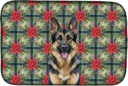 Caroline's Treasures German Shepherd Christmas PoinsettIas Dish Drying Mat Absorbent Dish Drying Mat Pad for Kitchen Counter Dish Drainer Mat for Countertop, 14 x 21", Multicolor