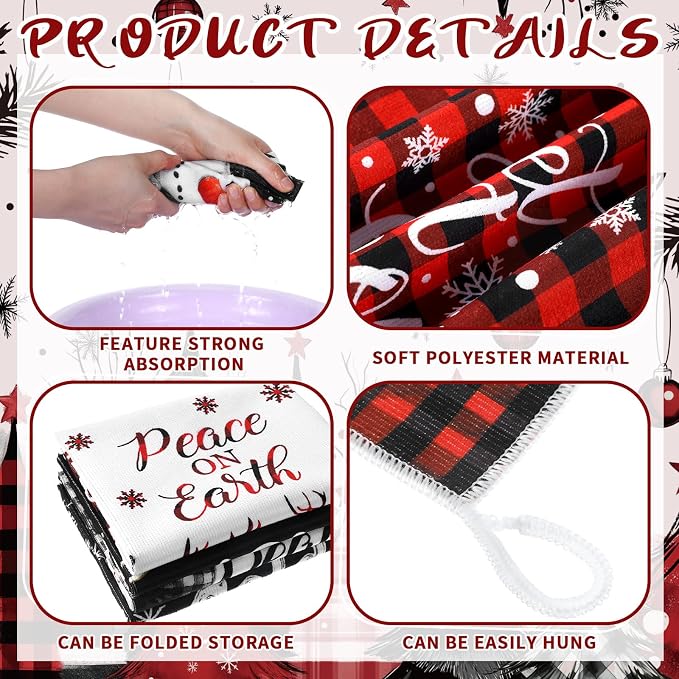 Bencailor 16 Pcs Christmas Kitchen Towels Xmas Holiday Hand Dish Towels Buffalo Plaid Snowman Truck Tea Dishcloths for Christmas Winter Holiday Kitchen Bathroom Home Decor Gifts