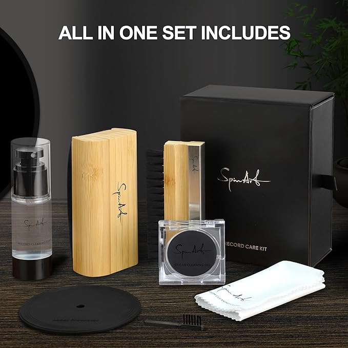 SpinArt Vinyl Record Cleaner Vinyl Record Cleaning Kit 8-in-1,Includes Soft Velvet & Microfiber Brushes, LP Cleaning Solution, Turntable Stylus Gel, Microfiber Cloth, Label Protector & Storage Box