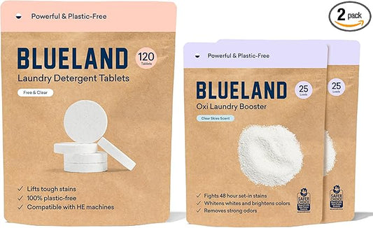 BLUELAND Laundry Essentials Refills | Laundry Detergent Tablets 120 Counts | Oxi Laundry Booster Powder Refill 2 Pack | Plastic-Free & Eco Friendly Oxy Cleaner - Plant Based Stain Remover