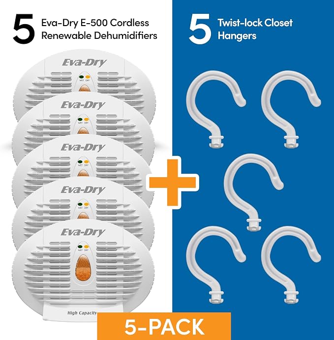 Eva-Dry E-500 Renewable Silica Gel Dehumidifier 5-Pack — Cordless Operation, Plug-In to Renew | 500 Cu Ft Each | Gun Safe, Closet, Bathroom, Boat, RV | No Batteries | Up to 10 Years