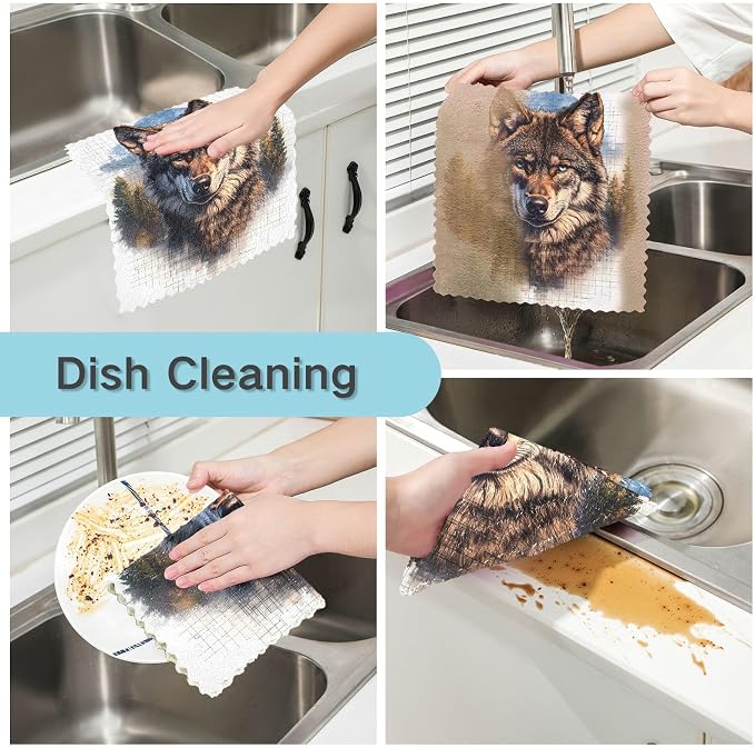 senya Kitchen Dishcloths, Wolf Pattern P Cloth Dish Towels 6 Pack Super Absorbent Dishtowels Reusable Cleaning Cloths