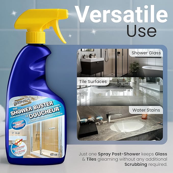 SURF PRO Shower Glass Door Cleaner – Shower Buster Spray for Soap Scum & Hard Water Stains – No Scrub Bathroom Cleaner for Glass, Tile, Chrome, Ceramic, RV and Septic Safe (500ml / 16.9oz)