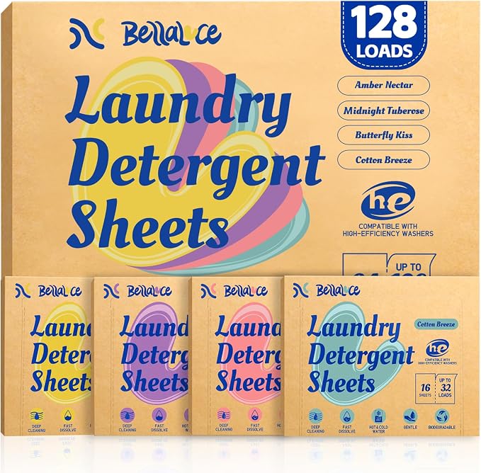 Laundry Detergent Sheets - 4 New Scented 128 Loads Travel Laundry Sheets for Dorm,College,Home,Hotel,Apartment,Camping,Ruise,Road Trip,Beach Vacation,Small Space,Family School Travel Essentials