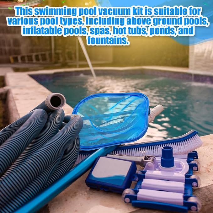 3 Pcs Pool Vacuum Kit Manual Vacuum Head with 1-1/2" x 18ft Long Hoses and Skimmer Net Flexible Head Wheels, Maintenance Accessory Tool for Above Ground Inground Pool Cleaning
