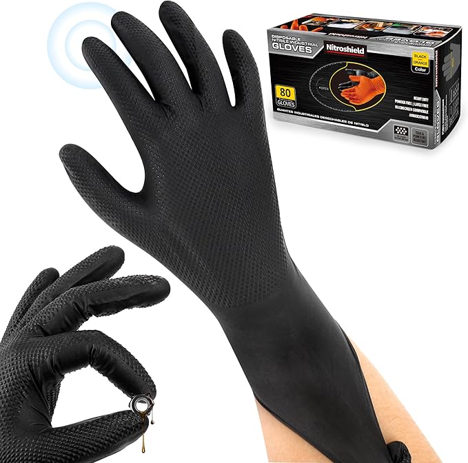 wcy nitroshield 9mil Heavy Duty Disposable Nitrile Gloves, Black Medium 80Pcs -Chemical Resistant, Latex Powder Free Rubber Gloves Diamond Texture for Automotive, Mechanics, Cooking