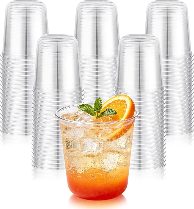 KesaPlan 200 Pcs 12oz Round Bottom Plastic Cups, Disposable Stemless Wine Glasses Cups for Cocktail Iced Coffee Juice, Clear Cold Drinking Party Cups for Meeting Wedding Gathering Birthday Supplies