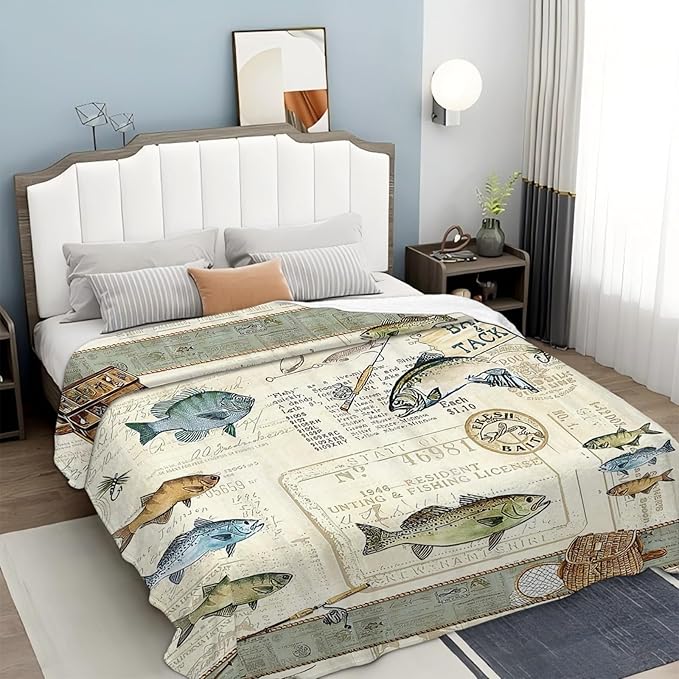 Tijuboni Fishing Throw Blanket Cabin Fishing Gifts for Men Boys Women Girls Adults Kids Soft Flannel Fleece Blanket for Couch Sofa Bed Home Decor 40"x50"