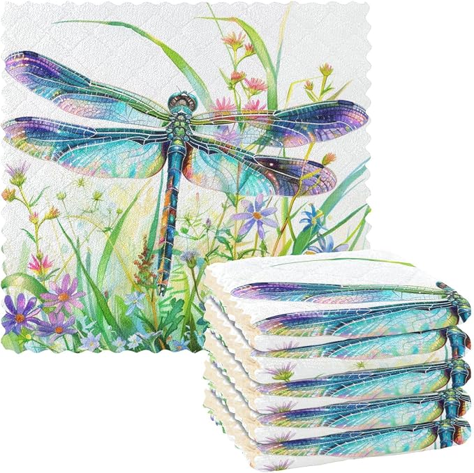 senya Kitchen Dishcloths, Dragonfly Spring Wildflowers Cloth Dish Towels 6 Pack Super Absorbent Dishtowels Reusable Cleaning Cloths