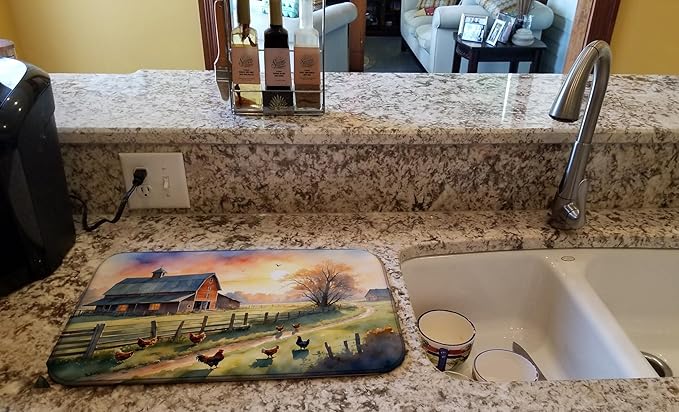 Caroline's Treasures Chicken Farmyard Sunrise Dish Drying Mat Absorbent Dish Drying Mat Pad for Kitchen Counter Dish Drainer Mat for Countertop, 14 x 21", Multicolor