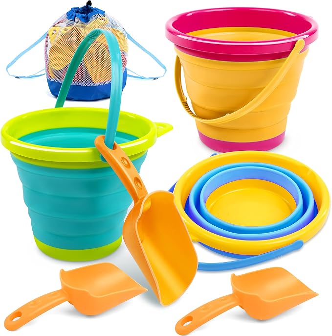 JOYIN 3 Packs Foldable Pail Bucket with Shovels & Mesh Bag, Collapsible Buckets Multi Purpose for Beach, Camping Gear, Beach Party, Fishing, and Fun Summer Activities (Yellow/Blue/Green)