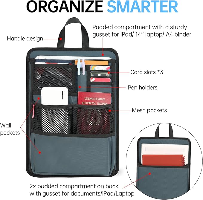 Slim Rugged Backpack Organizer Insert for Business Casual Men Women -13 Pockets,Padded Nylon,Max 14'' laptop-Grayish Blue