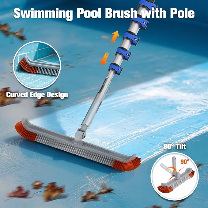 Pool Brush with 5-20FT Telescopic Pole, 18" Swimming Pool Cleaning Brush, Flip & Screw Dual Lock Adjustable Pole for Pool Wall Tile Floor Cleaning
