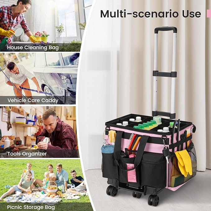 Housolution Extra Large Rolling Cleaning Caddy Bag with Detachable Trolley, Upgraded 360° Free Rotating with 5 Wheels and Dust-Proof Lid, Professional Cleaning Supplies Bag for Housekeepers, Pink