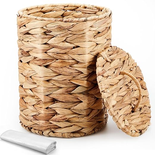 Ctosree 1.3 Gallons Small Trash Can with Lid Handle Boho Woven Braided Bathroom Waste Basket Trash Can with 100 Garbage Bags for Bedroom Office Laundry (Natural, Braided Wicker, Round)