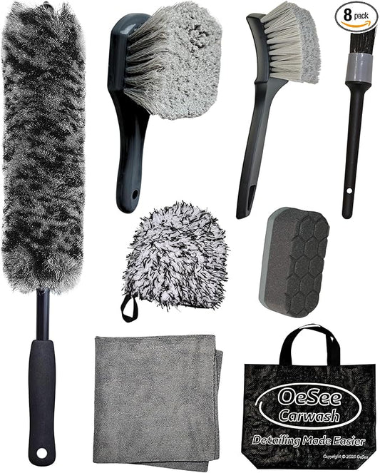 oesee 8PCS Pro Wheel Cleaning Kit - Woolies Brushes, Detailing Brush, Tire Brush, Wash Mitt, Drying Towel & Carry on Bag - Scratch-Free Rim Cleaning Kit