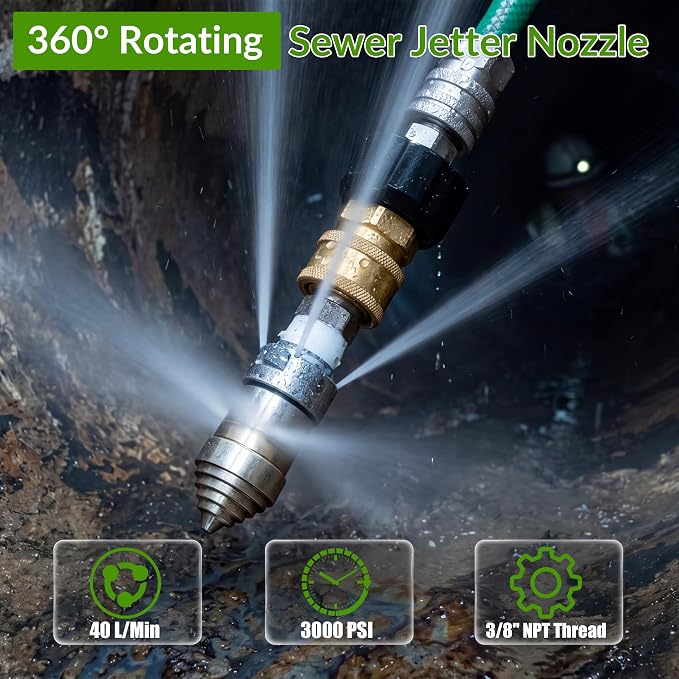 3/8" Sewer Jetter Nozzle for Pressure Washer, 360° Rotating Strong Shot Nozzle for Pipe Cleaning, Stainless Steel Jetter Drain Cleaner, 3000 PSI, 40 L/min, 3/8" NPT Female Thread