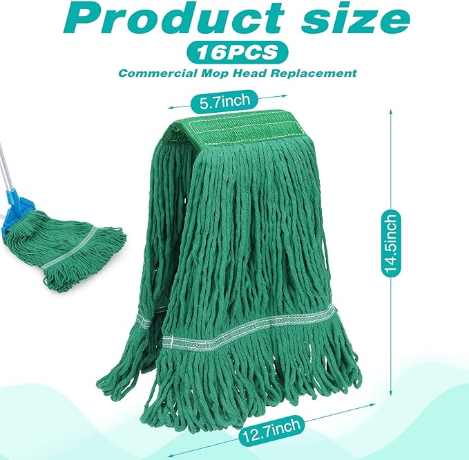 Roshtia 16 Pack Mop Head Replacement Large Heavy Duty Mop Head Commercial Replacement Looped End Cotton String Industrial Washable Mophead Refills for Commercial Industrial Home Cleaning(Green)