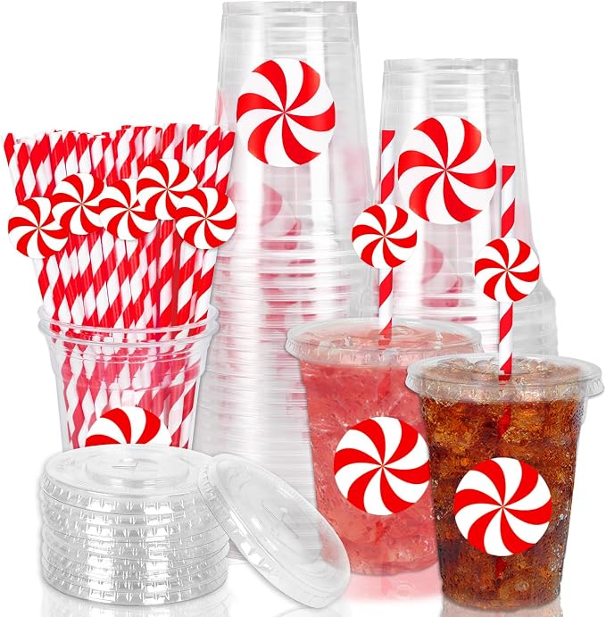 Whaline 50 Pcs 12 Oz Christmas Disposable Plastic Cups with Lids and Straws Red Peppermint Candy Cold Beverage Drinking Cups for Winter Xmas Birthday Party Supplies