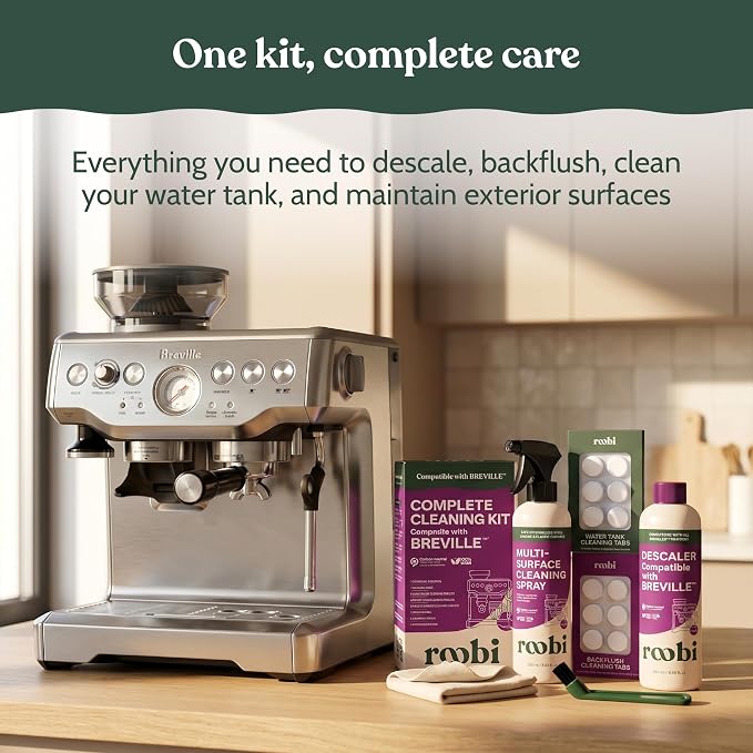 Roobi Espresso Cleaning Kit Compatible with Breville. Includes Descaling Solution, Espresso Cleaning Tablets, Water Tank Tabs, Multi-Surface Cleaner, 54mm Disc, Brush & Cloth.